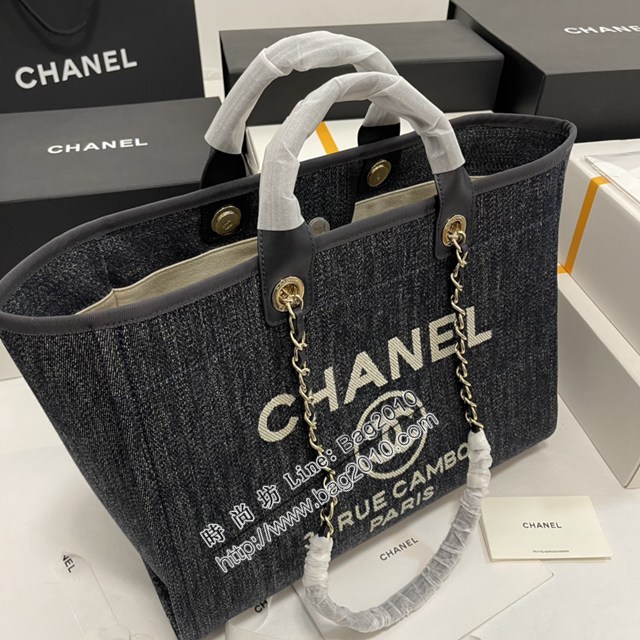 Chanel專櫃新款tote bag女包 香奈兒小號牛仔黑色沙灘包 djc6870